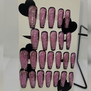 HAND PAINTED PRESS ON NAILS, LONG COFFIN, REFLECTIVE COMIC DESIGN, 24 NAILS